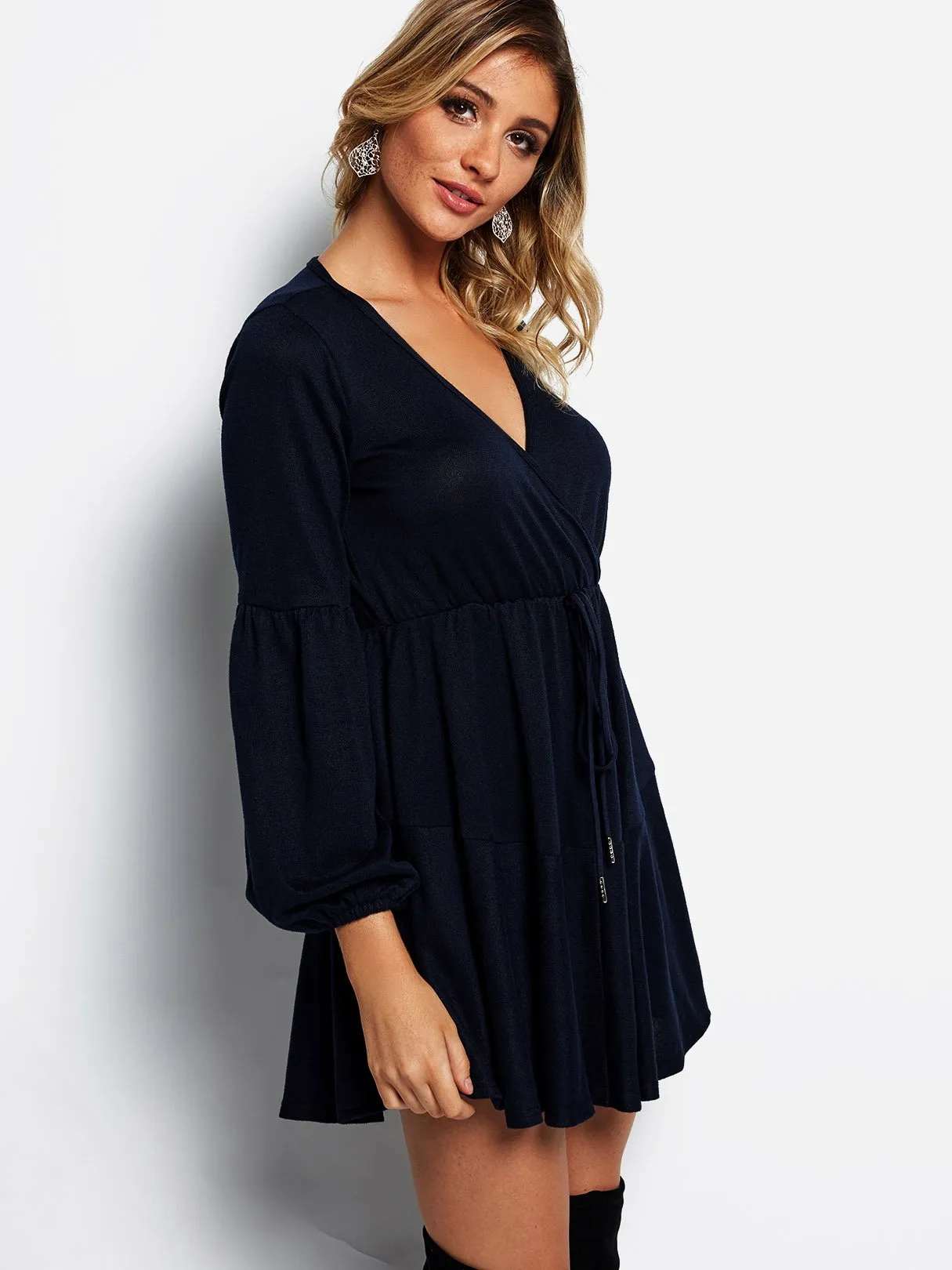Wholesale Deep V Neck Plain Crossed Front Pleated Self-Tie Long Sleeve Ruffle Hem Navy Dresses