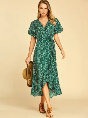 Wholesale Deep V Neck Short Sleeve Self-Tie Wrap Flounced Hem Dresses