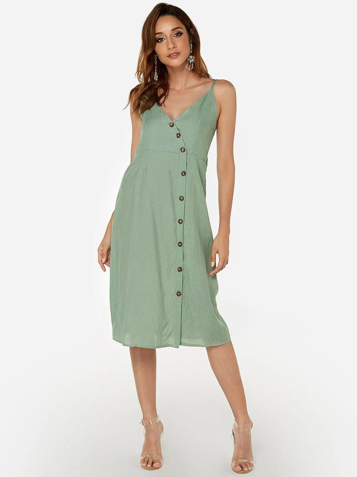 Wholesale Green V-Neck Sleeveless Backless Slit Hem Dresses