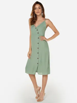 Wholesale Green V-Neck Sleeveless Backless Slit Hem Dresses