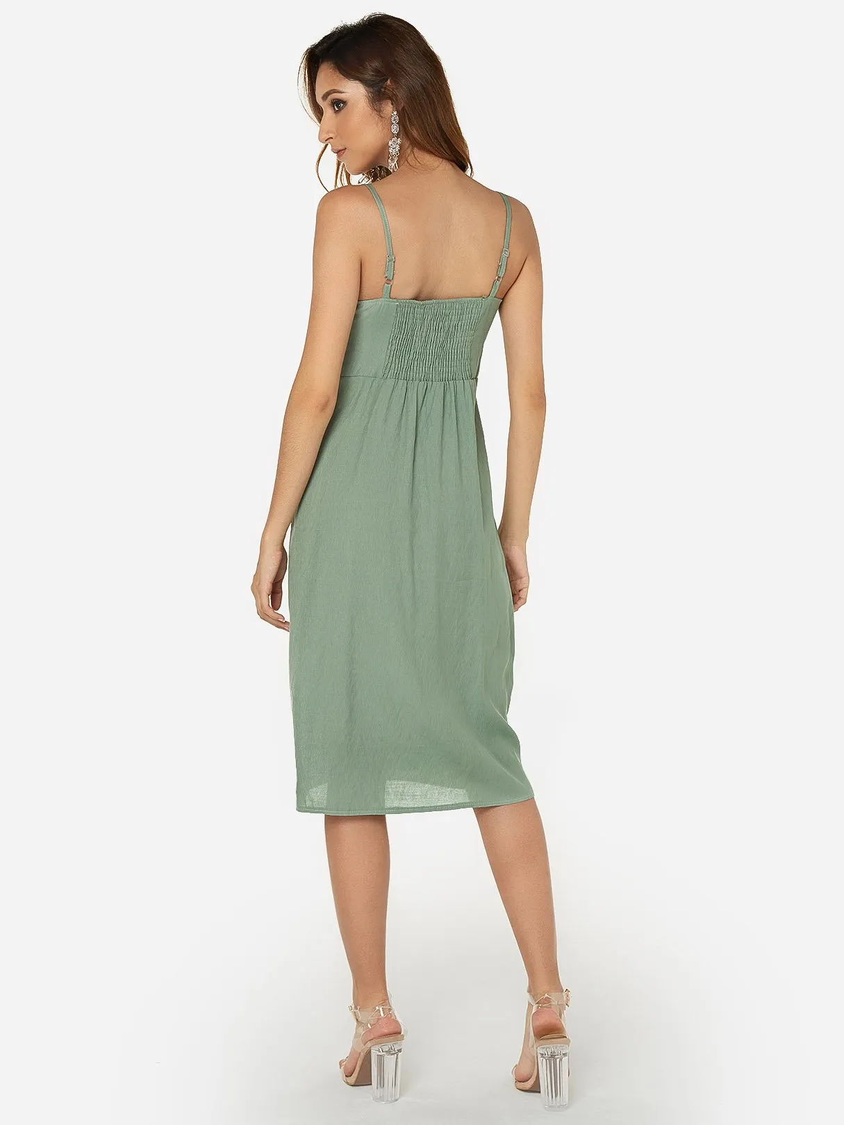 Wholesale Green V-Neck Sleeveless Backless Slit Hem Dresses