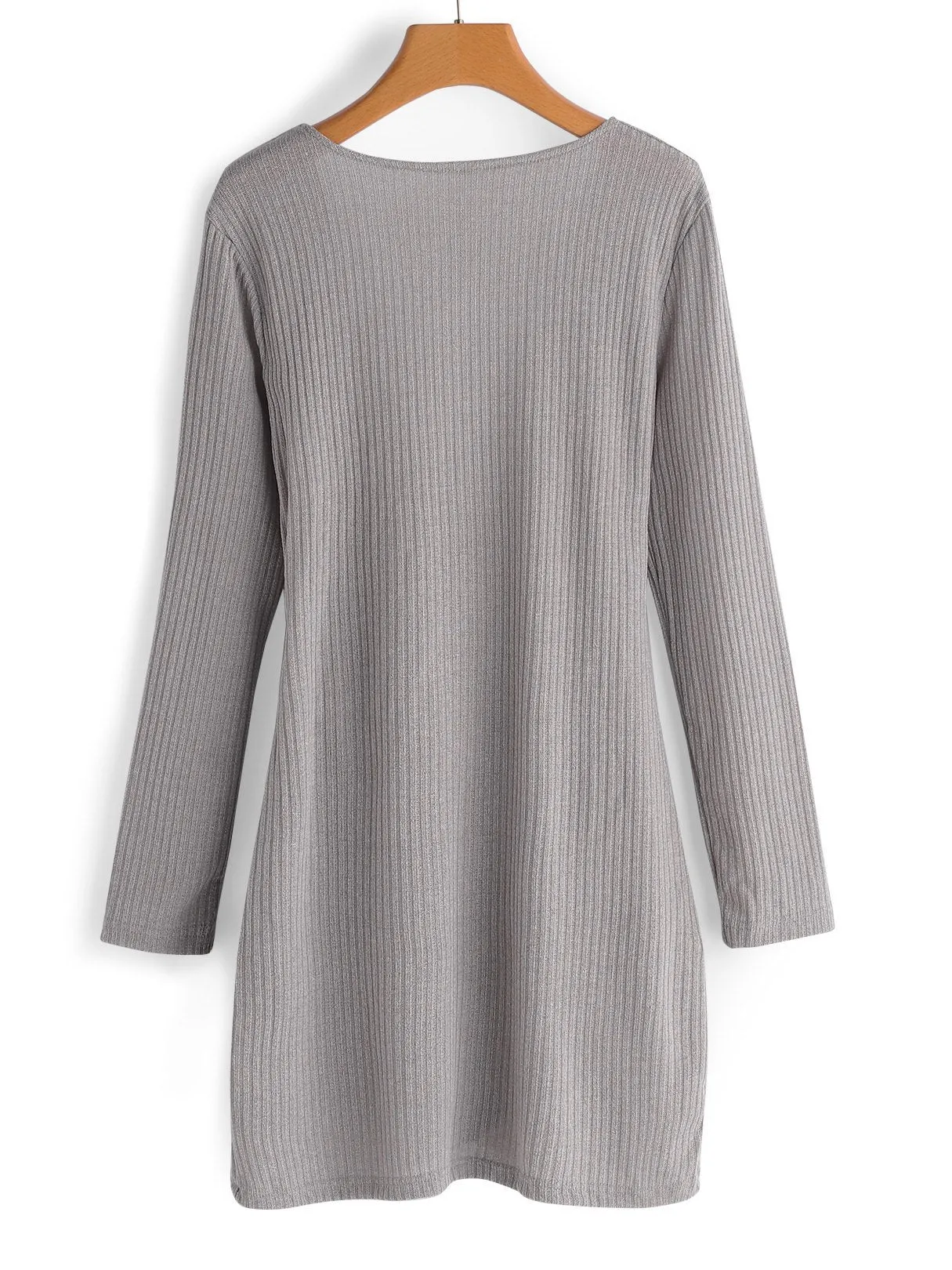 Wholesale Grey Crossed Collar Deep V Neck Long Sleeve Plain Crossed Front Dress