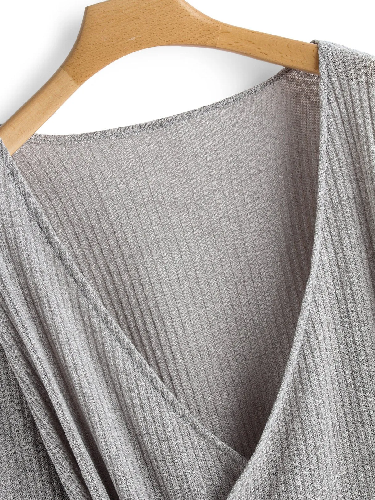 Wholesale Grey Crossed Collar Deep V Neck Long Sleeve Plain Crossed Front Dress