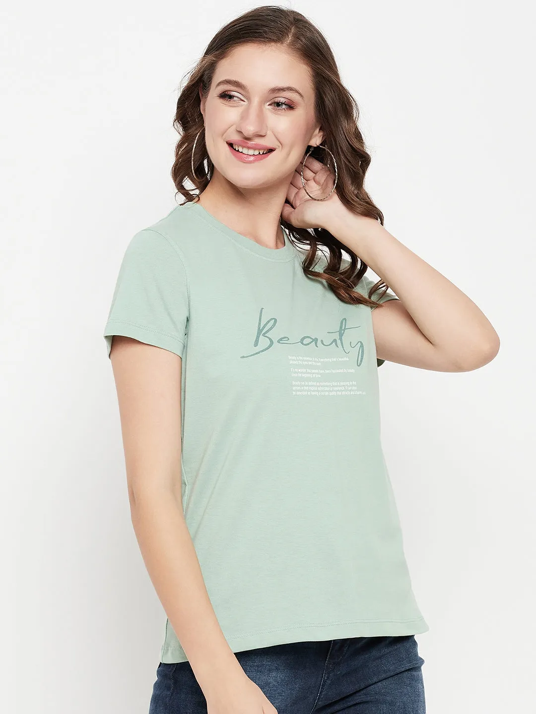 Women's Casual Regular Short Sleeve Pista Green Round neck Typographic Print T-Shirt