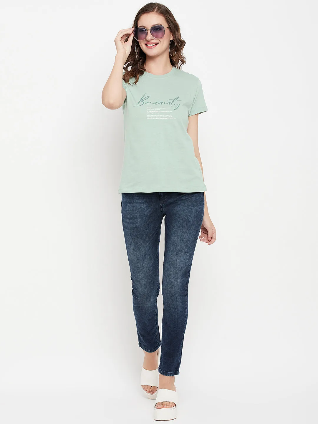 Women's Casual Regular Short Sleeve Pista Green Round neck Typographic Print T-Shirt