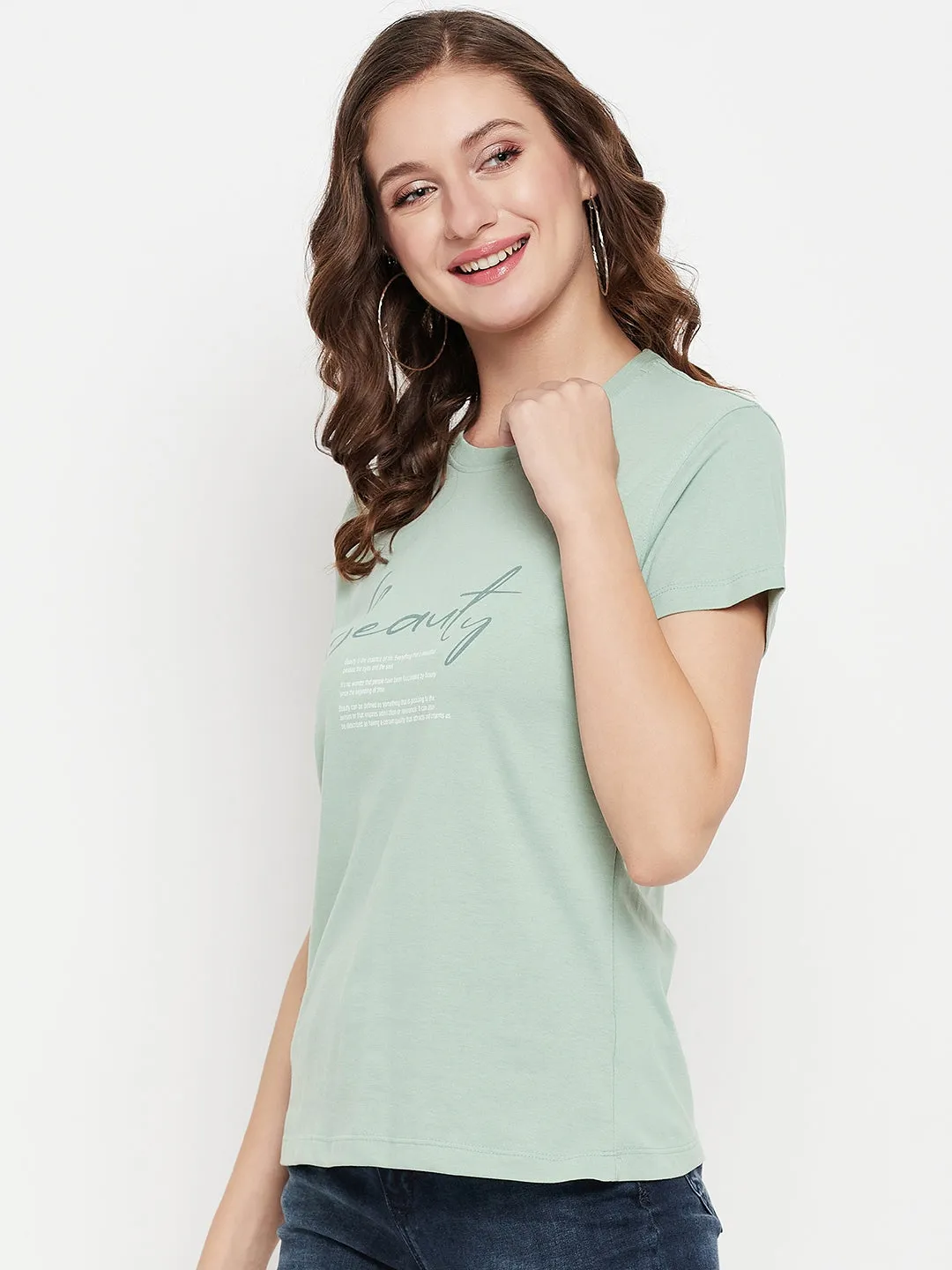 Women's Casual Regular Short Sleeve Pista Green Round neck Typographic Print T-Shirt